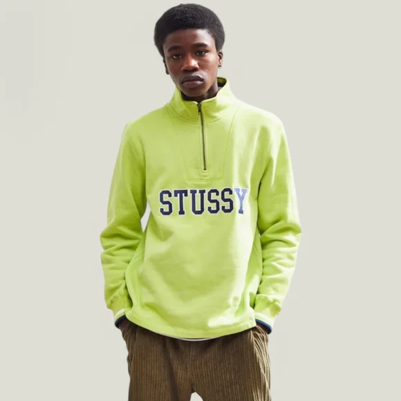 Stussy Contrast Rib Mock Neck Cotton Fleece Sweatshirt Men's Sz M Navy & Lime - Picture 4 of 16